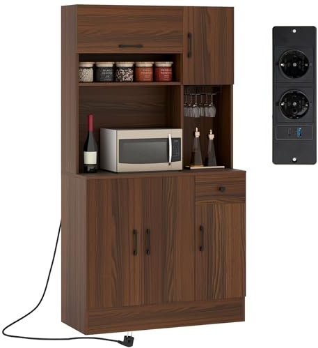 COSTWAY Alacena de Cocina, Armario de Cocina con Estación de Carga, Gabinete de Almacenamiento para Comedor con Soporte para Copas, Cajón, Estantes Ajustables, Gabinete para Microondas para Comedor