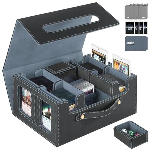 STTRBOX Trading Card Storage Box for MTG, MTG commander deck box，Multi-purpose Deck Case for MTG TCG Sports Card, 4 Toploaders, 4 Stoppers, 4 Colorful Dividers (Black & Grey)