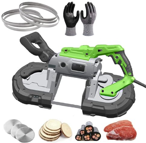 Portable Band Saw for Metal Cutting, 0-45° Adjustable with Built-in LED Light, Includes Multiple Saw Blades and Gloves, Ideal for Copper, Aluminum, Steel, and Floor Materials