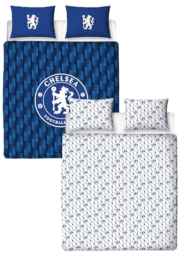 CHARACTER WORLD Chelsea FC Official Double Duvet Cover Set, Geometric Design | Blue Reversible 2 Sided Football Bedding Cover Official Merchandise Including Matching Pillow Cases