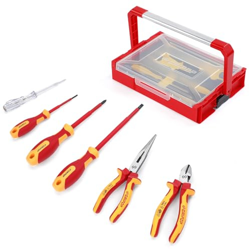 CRIPOP VDE - Set di 6 cacciaviti isolati e pinze, 1000 V, testato VDE, set di cacciaviti per elettricisti, 3 cacciaviti e 2 pinze, include tester di tensione e custodia