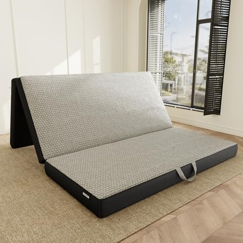 ROXGOX King Mattress 200x150x10cm, Memory Foam Foldable Bed, Trifolding Mattress with Washable Cover, Floor Mattress with Handle & Non-slip Bottom, Floor Bed for Camping, Guest, RV, Dorm