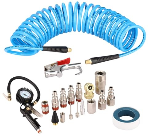 Ruhdre Heavy Duty 19-Piece Air Compressor Accessories Kit, 1/4 x 25FT Recoil Poly Air Compressor Hose, 150 PSI Tire Inflator Gauge, Air Blow Gun & 1/4 NPT Quick Connect Air Fittings