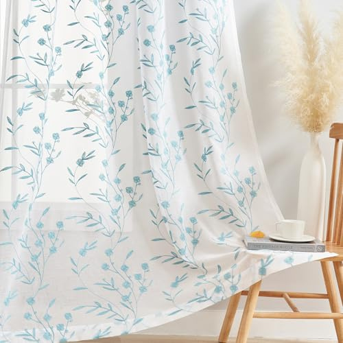 Sheer Curtains Floral Embroidery White-Blue 84 Inch Long Rod Pocket Lace Drapes for Living room, Bedroom, 2 Panels, 52x84, Semi Voile Pattern Outdoor Window Treatment Sets for Yard, Patio, Parlor.