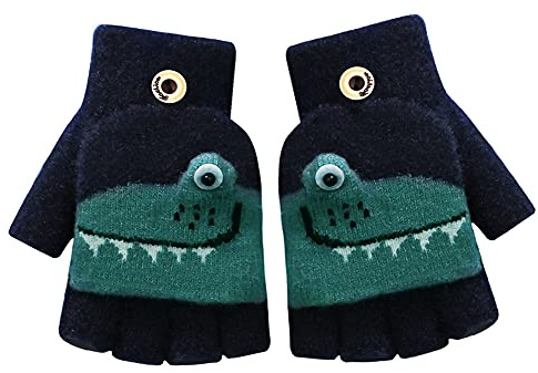 Cysocool Kids Convertible Flip Top Winter Gloves for Girls Boys 4-8 Year Wool Knit Cold Weather Gloves Fuzzy Half Finger Mittens Child Snow Warm Insulated Gloves