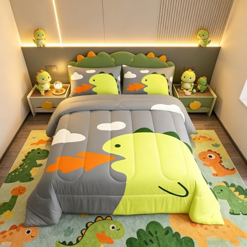 Set di biancheria da letto con dinosauro a forma di cartone animato, per bambini, ragazzi, ragazze, animali della giungla, piumone e piumone con animali selvatici, set di piume, set di biancheria da