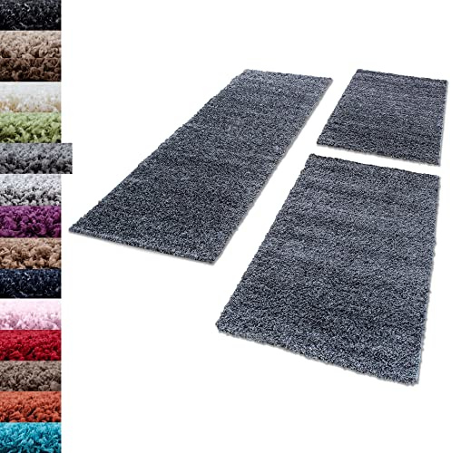 Carpettex Bettumrandung Schlafzimmer 3teilig Shaggy Teppich Hochflor Einfarbig Grau Bettset:2 mal 80x150 + 1 mal 80x250 - Bettvorleger Schlafzimmer Läuferset Weicher Flauschig Bettumrandung Teppich