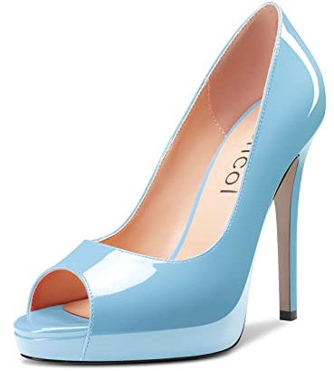 Aachcol Femmes Plate-Forme Aiguille Haut High Talon Heel Escarpins Slip-on Ouvert Bout Dress Chaussures Bureau Party Mariage Vernis Bleu Ciel 13 CM 39 EU