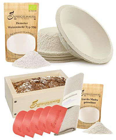 Bäckerei Spiegelhauer Sauerteig Starter Set Roggensauerteig 300 g, 5 Teigschaber, Backrahmen aus Ahornholz, Bäckerleinen, Demeter Roggenmehl Typ 1150 1 kg, 5 Gärkörbchen rund
