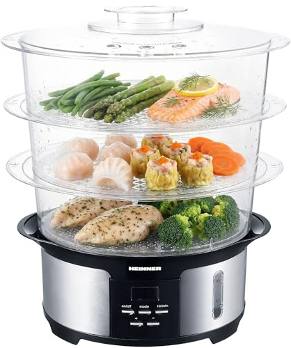 HEINNER ONE STEAM Dampfgarer 12 L – 3 Etagen, 5 Garprogramme & Startvorwahl bis 12 Std für komplette Mahlzeiten auf Knopfdruck (1000 W, Edelstahl-Gehäuse)