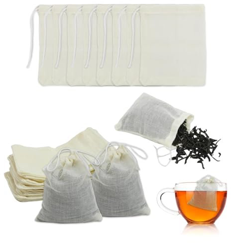 30 Pcs Cotton Tea Filter Bags 8x10cm, Reusable Muslin Spice Bags for Cooking, Empty Tea Bags for Loose Tea, Washable Muslin Bags for Herbs, Lavender, Craft, Soap, and Party Favors