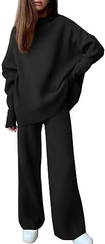 Conjunto de punto para mujer de dos piezas de talla grande - Traje de ocio para mujer de invierno de manga larga - Conjunto de chándal oversize de dos piezas de manga larga y pantalones largos