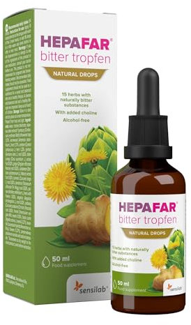 Hepafar BitterTropfen - Cholin, Artischocke, Kurkuma, Löwenzahn, Lavandinblüten - 50 ml für 25 Tage - 15 Kräuter, Natürliche Verdauungsbittertropfen Ohne Alkohol - Sensilab