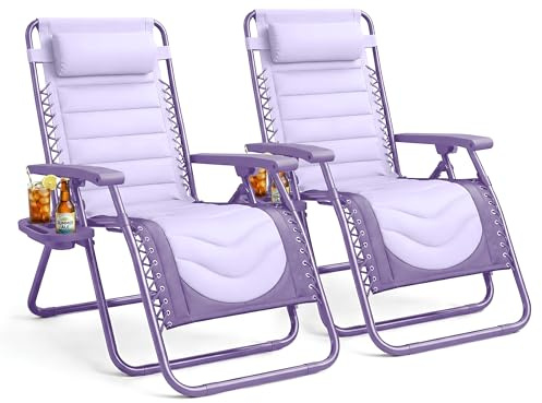 KEPLIN Set of 2 XXL Premium Heavy Duty Padded Two Tone Zero Gravity Chairs - Luxurious Garden Recliners, Adjustable Headrest, Cup & Phone Holder, Patio Sun Loungers - 150kg Weight Capacity, Lilac