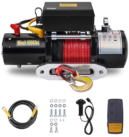 TEENO Cabrestante EléCtrico 12v Carga Nominal 6000lbs / 2722 Kg, la Cuerda de TraccióN es de Nylon Rojo, el Control Remoto Inalámbrico 30m el Control Remoto