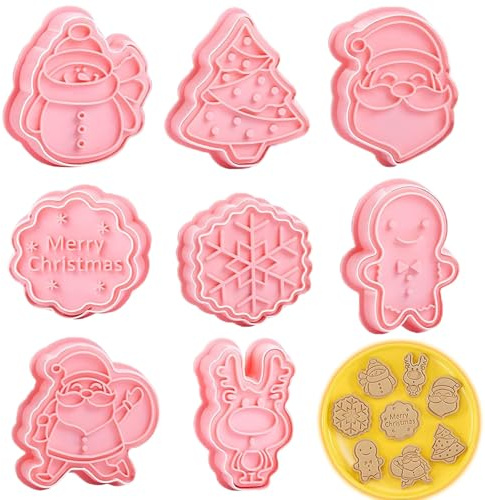 BOOSHMall 8 Piezas Moldes Galletas de Plástico Navidad, Juego de Cortadores de galletas, 3D pressables, Kit Molde Galletas Formas Galletas Navideñas
