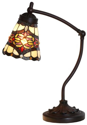 Bieye L30870 Lampada da tavolo in vetro colorato in stile Tiffany con base a braccio girevole per la lettura e la decorazione della casa (rosso barocco)