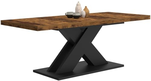 IDMarket - Table à Manger Extensible Rectangle Alicia 6-10 Personnes Plateau Bois foncé Hawkins et Pied X Noir 160-200 cm