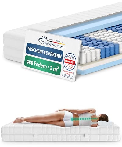 AM Qualitätsmatratzen 7 Zonen Taschenfederkernmatratze 180x200cm H2 - Made in Germany - Ergonomische Federkernmatratze 180x200 mit waschbarem Bezug - Oeko TEX zertifizierte Matratze 180x200 20cm hoch