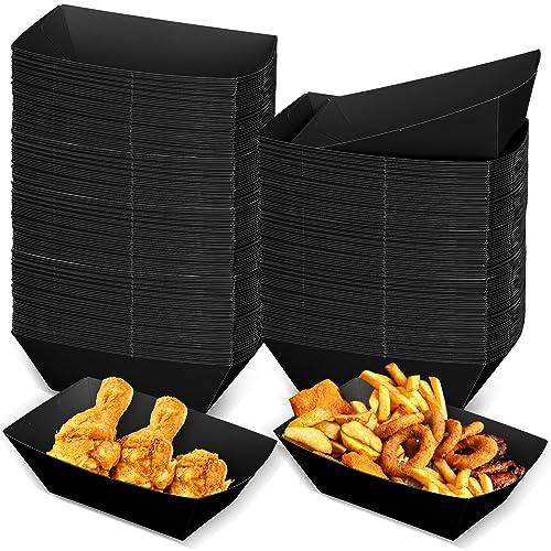 Uiifan 300 Pcs Paper Food Boats Disposable Paper Food Tray Grease Resistant Disposable Serving Tray Cardboard Hot Dog Holder for Burgers Fries Sandwiches Picnic Party (Black)
