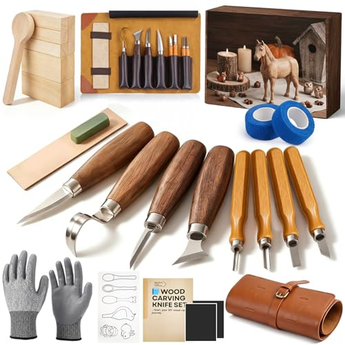 HA BIN Set di Scultura in Legno 25 Pezzi, Kit Completo per Principianti con Coltelli da Scultura, Pietra per Affilare, Guanti, Legno di Tiglio & Borsa da Conservazione, Set per Adulti