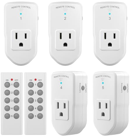 BN-LINK Wireless Remote Control Outlet Electrical Switch for Lights, Fans, Christmas Lights, Small Appliance, 100ft Long Range White (Learning Code, 5Rx-2Tx) 1200W/10A, ETL & FCC Certified