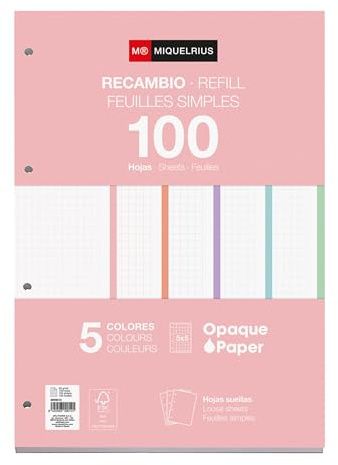 Miquelrius - 100 Hojas Cuadriculadas A4, Recambio 5 x 5 mm | Folios Sueltos en 5 Colores, Papel Opaco 90 g/m², Perforaciones para Carpeta de Anillas o Archivador, Material Escolar