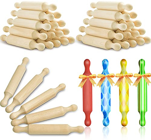 Suclain 30 Pcs Wooden Mini Rolling Pin Long Kitchen Baking Small Dough Rolling Pin for Children Fondant Pastry Pizza Crafting and Imaginative Play for Halloween and Christmas Presents (6 Inches)