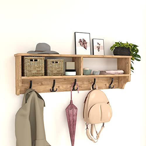 [en.casa] Åstorp vägggarderob, 120 x 22 x 37 cm, klädkrok med två förvaringsfack, krokar för jackor, rockar, sjalar, väggmonterad hängande hylla, vägghylla för hall, sovrum och vardagsrum, ek
