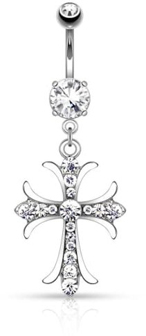 CaiJewl 14G 316L Surgical Steel Celtic Cross with Paved Gems Dangling Belly Button Ring,Cubic Zirconia,Surgical Steel,Belly bars