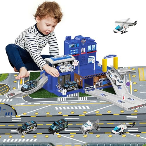 deAO City Poste de Police, Jouet de Construction avec Bâtiment de Bureau, Véhicules de Police, Hélicoptère, Camion, City Police Station avec Voiture de Police, Cadeau pour Garçons et Filles de 6 Ans+