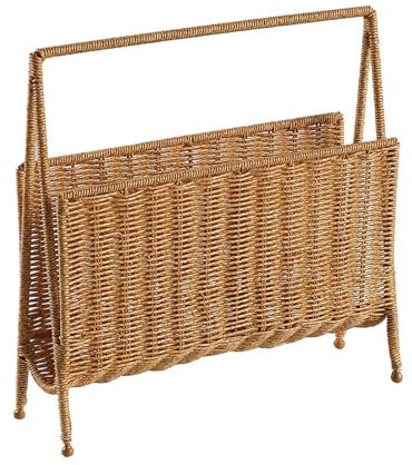 JISADER Woven Magazine File Holder Free Standing Magazine Display Rack Imitation Rattan Basket Stand for Bathroom Office Cafes Farmhouse Books Newspapers Files Dispaly Storage