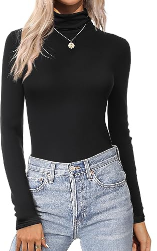 Zeagoo T-Shirt pour Femme à Manches Longues Col Roulé sous Pull Coupe Ajustée Basique Haut Élégant Chaud Couleur Unie Tee Shirt Noir XL