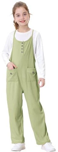 Rolanko Flickoveraller ärmlös med justerbara axelband lösa jumpsuits långa byxor med fickor för flickor, grön, 5-6 år