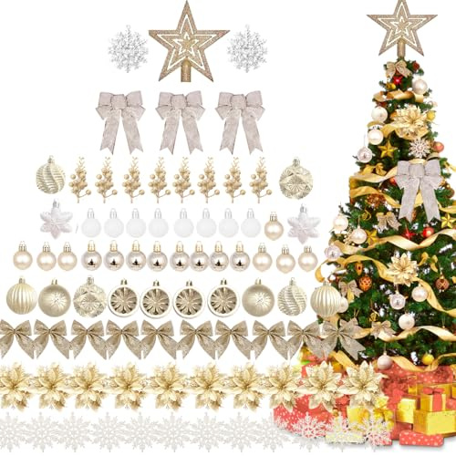 Weihnachtsbaum Deko,Christbaumschmuck Weihnachtskugeln,88 Stück Champagner Weihnachtsbaumschmuck mit Weihnachtsblumen,Schneeflocken,Schleife,Baumspitze Stern zum Weihnachtskranz,Weihnachtsgirlande