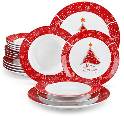 VEWEET, Serie CHRISTMASTREE, 18-teiliges Porzellan Weihnachtsgeschirr Set für 6 Personen – Teller Set aus 6 Speiseteller, 6 Dessertteller, 6 Suppenteller, Weihnachtsgeschirr mit Weihnachtsbaum