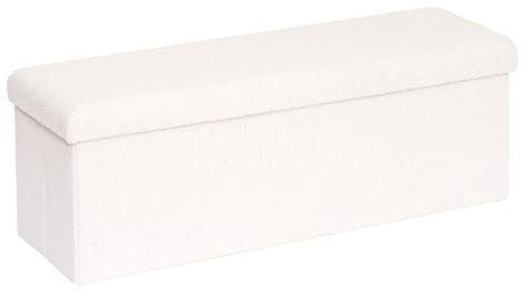 Bonlife Folding Ottoman Storage Bench, Boucle Footstool for Living Room, End of Bed Bench, Sherpa ottomans Foot Rest,140L Storage Space, White,110x38x38cm