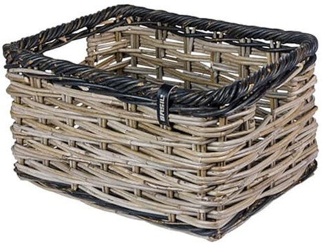 Basil Dijon L Rattan Fahrradkorb, Luxuriöser Aufbewahrungskorb für Vorderradträger, Grau/Schwarz, Handgeflochten, 28 l Volumen, Ideal für Einkäufe und Picknicks, Umweltfreundlich und Stilvoll