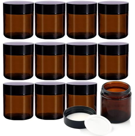YBCPACK 12 stycken krämburkar för fyllning 120 ml, brunt glas degel med lock, tom salvburk, glas för krämer, lotioner och kosmetika