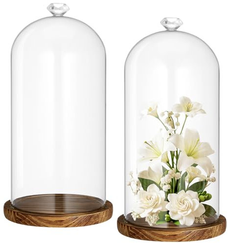 Suclain 2 Pcs Tall Glass Cloche Display Dome with Wooden Base Diamond Handle 10 Clear Decorative Glass Bell Jar Tabletop Display Case for Women Mom Gifts Collectibles (Dark Brown)