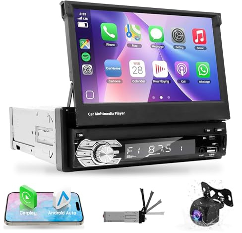 Radio 1 DIN 7 Pulgadas Retráctil con CarPlay y Android Auto Bluetooth FM