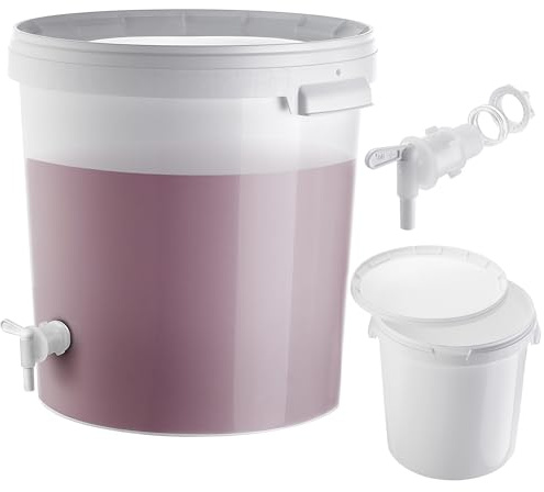 KADAX Jordsoptunna, set med utloppskran, jäsbehållare av plast med dräneringskran för vintillverkning, avloppskran med tätning och mömor, vinbehållare