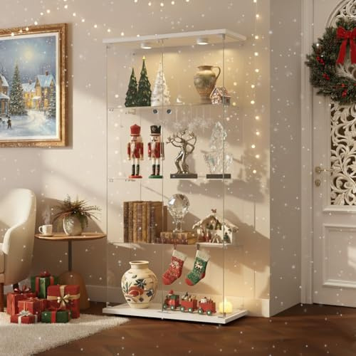 AilZylphera Vitrina de Cristal con LED, Vitrina de pie con Cerradura, 2 Puertas, 4 Capas, Vitrina de colección, Armario Alto para salón, Dormitorio, Oficina, 80,6 x 36,5 x 164,5 cm (A, Blanco)