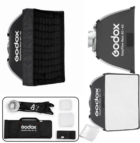GODOX Softbox Godox EazyFlow Rect - Softbox cuadrado de 40 x 40 cm, modificador portátil de plegado rápido con rejilla, soporte Bowens para flash de estudio y luz de video LED, para fotografía de