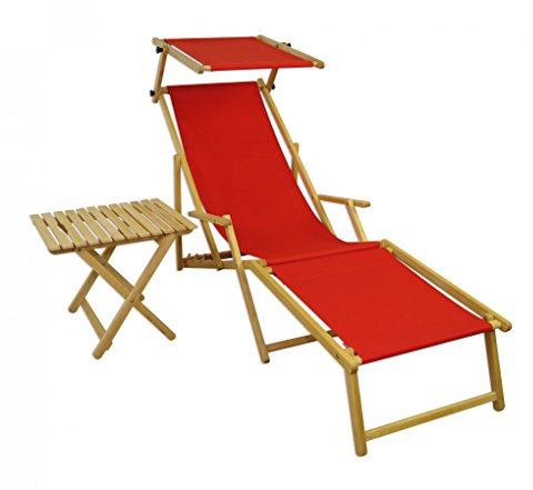 Extra Lungo Sdraio Rosso in Faggio con braccioli poggiapiedi Parasole tavolino 10-308NFST