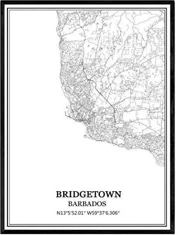 Bridgetown Barbados karta väggkonst canvastryck affisch konstverk utan ram modern svart och vit karta souvenir gåva heminredning -28 x 35 cm