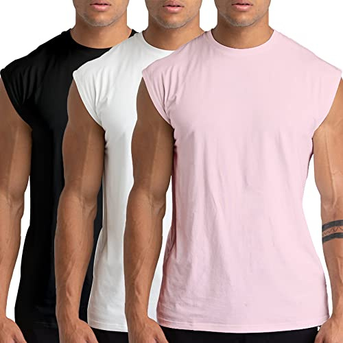 Holure 3er Pack Herren Unterhemden Muskelshirt Workout Tank Tops Unterhemd mit Rundhals-Ausschnitt Schwarz/Weiß/Rosa M