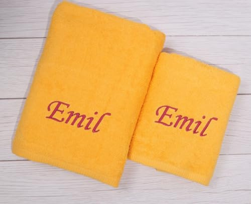 Generisch ★ Handtücher Set 2-TLG. - Duschtuch 70x140 + Handtuch 50x100 mit Namen Bestickt ★ Geschenk ★ Badetuch ★ 500 g/m2 ★ 100% Baumwolle ★ SUPER QUALITÄT ★ (2-TLG. - 70x140 cm + 50x100 cm, Gelb)