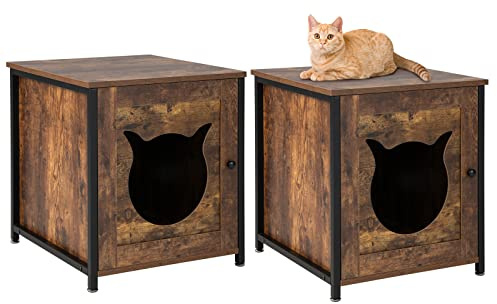 COSTWAY 2-pack kattskåp, kattlåda skåp, kattlåda med dörr och ingång, katthus sidobord trä, kattgrotta för små och medelstora katter, vintage, 50 x 53 x 55 cm