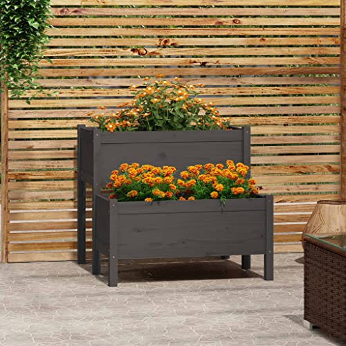 puraday Jardinera para jardín, 84,5 x 84 x 75 cm, jardinera para verduras, hierbas, espiral, XXL, macizo, madera maciza de pino, jardinera, jardinera, gris